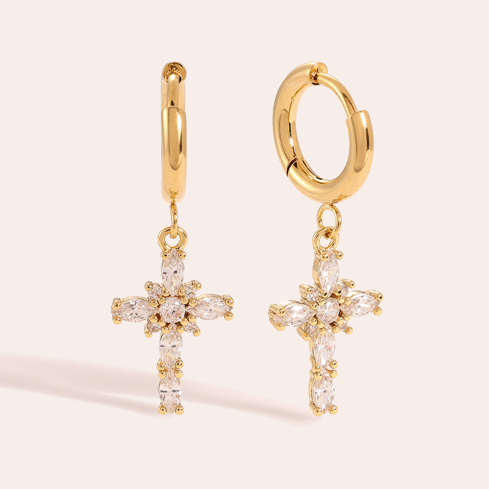 Oval Diamonds Cross Boucles d'oreilles en acier inoxydable      