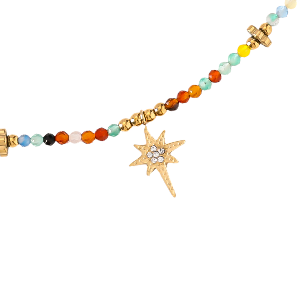 35cm Star With Diamond In Multi Colour Natural Stone Chain Stainless Steel Choker  