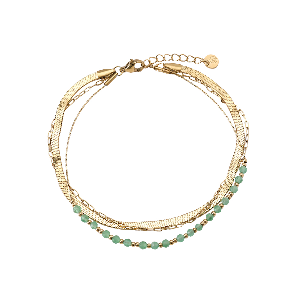 23cm Triple Line Nature Stone With Gold Beads Stainless Steel Anklet 