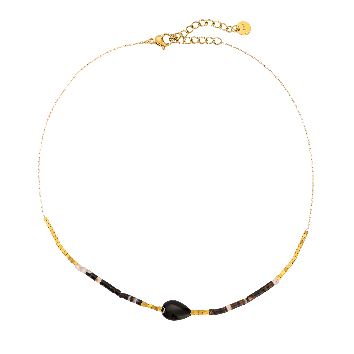 33cm Natural Stone And One Black Drop With Simple Chain Edelstahl Choker   