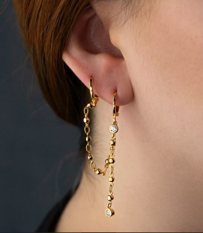 Small Balls Chain Double Rings Plated Earring