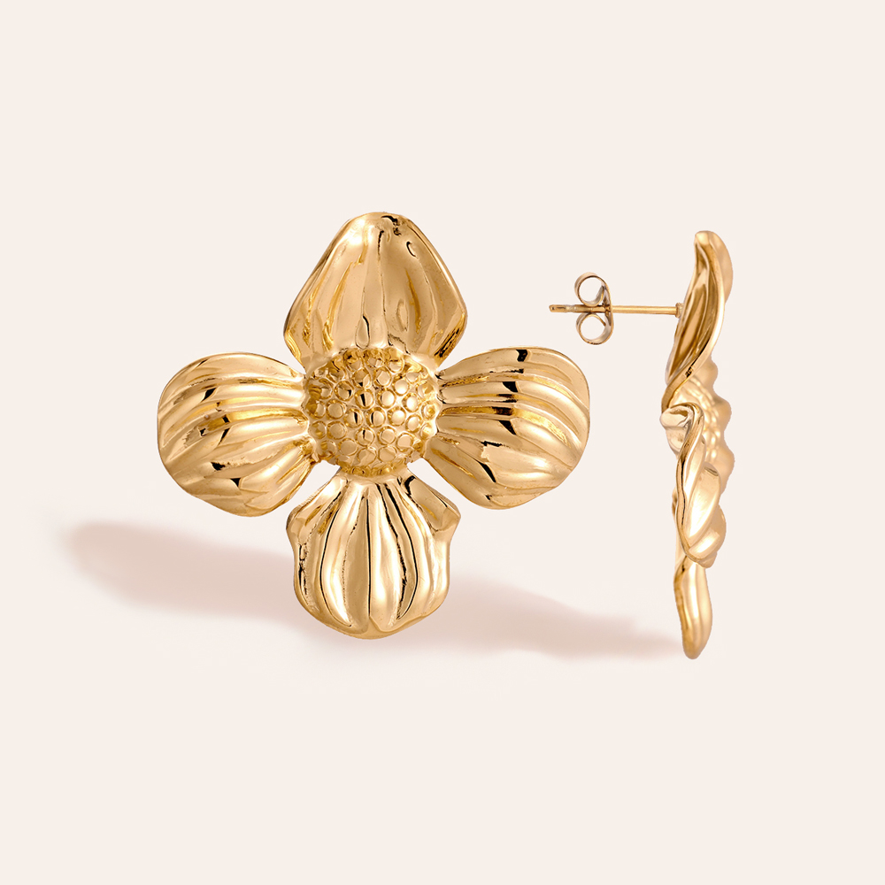 Golden 4 Petals Super Flower stainless steel earrings       