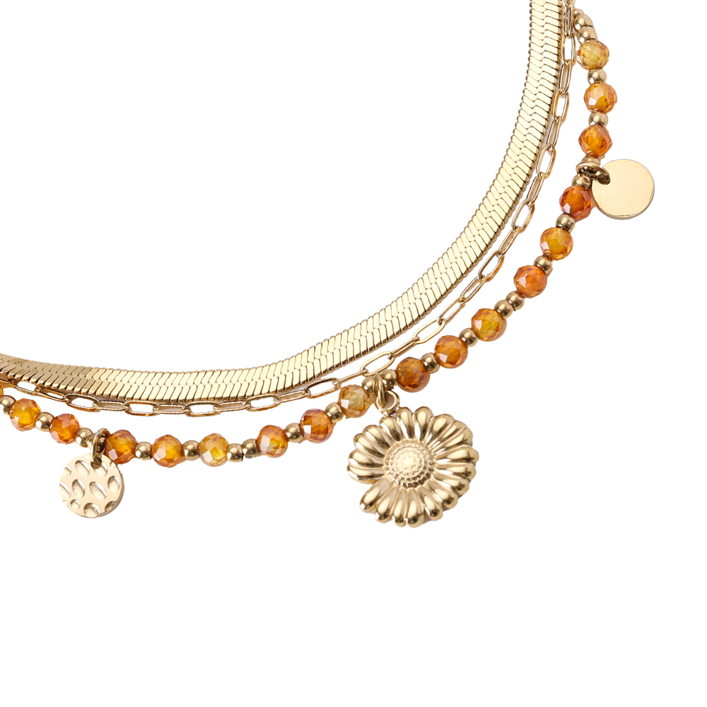 23cm Triple Line Nature Stone With Gold Flower Stainless Steel Anklet 