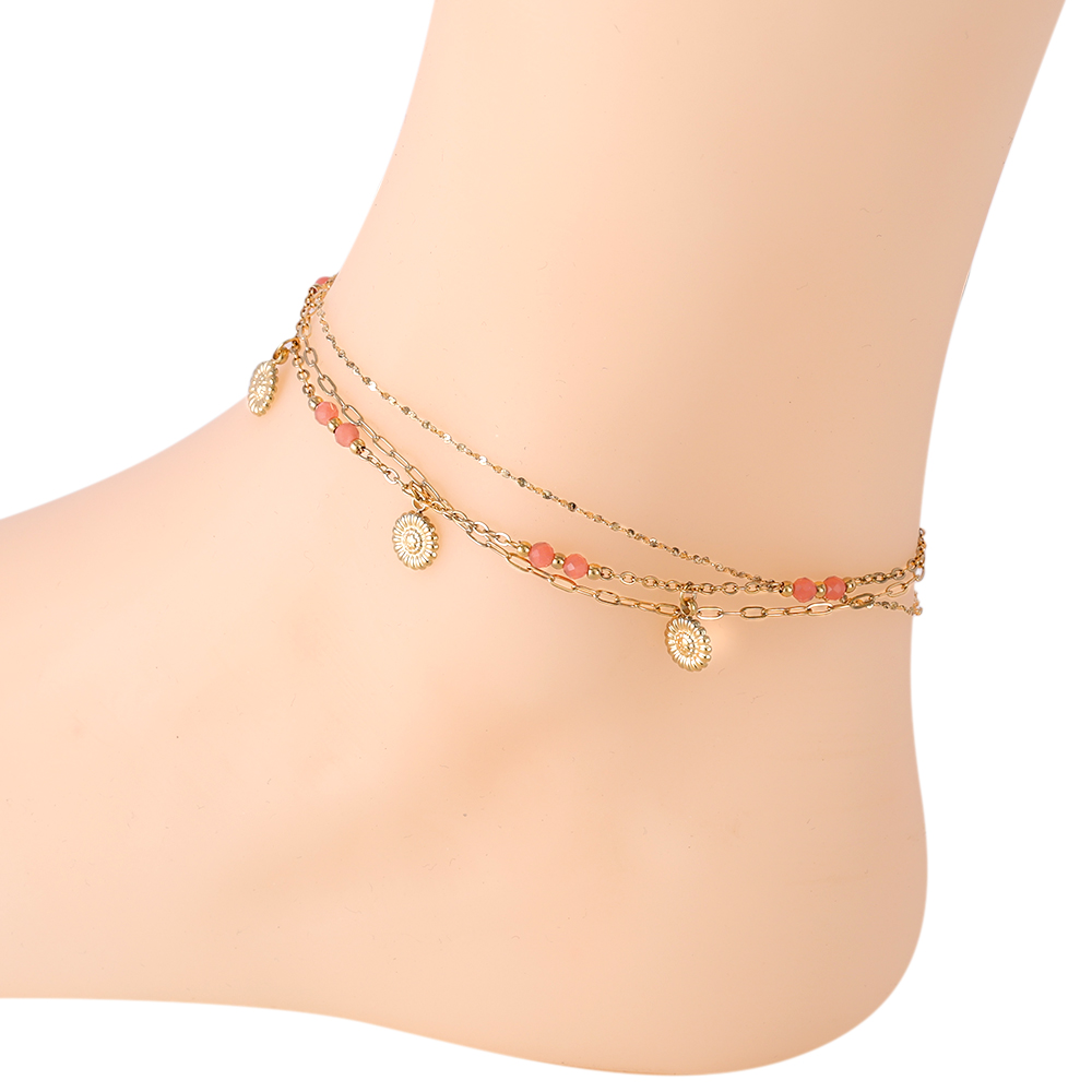 23cm Triple Line Nature Stone With Multi Flower Stainless Steel Anklet 