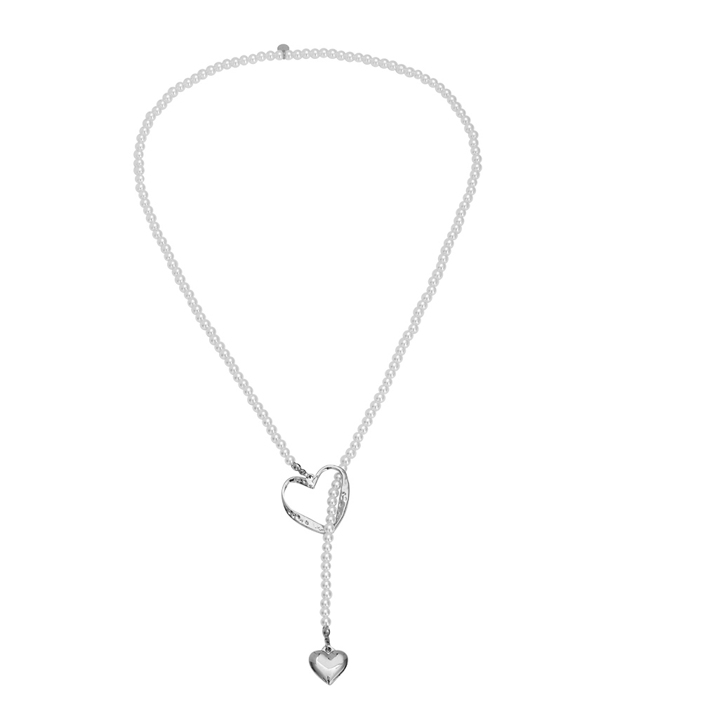 65cm Uneven Heart With Small Heart Pendant Pearly Chain Stainless Steel Necklace    