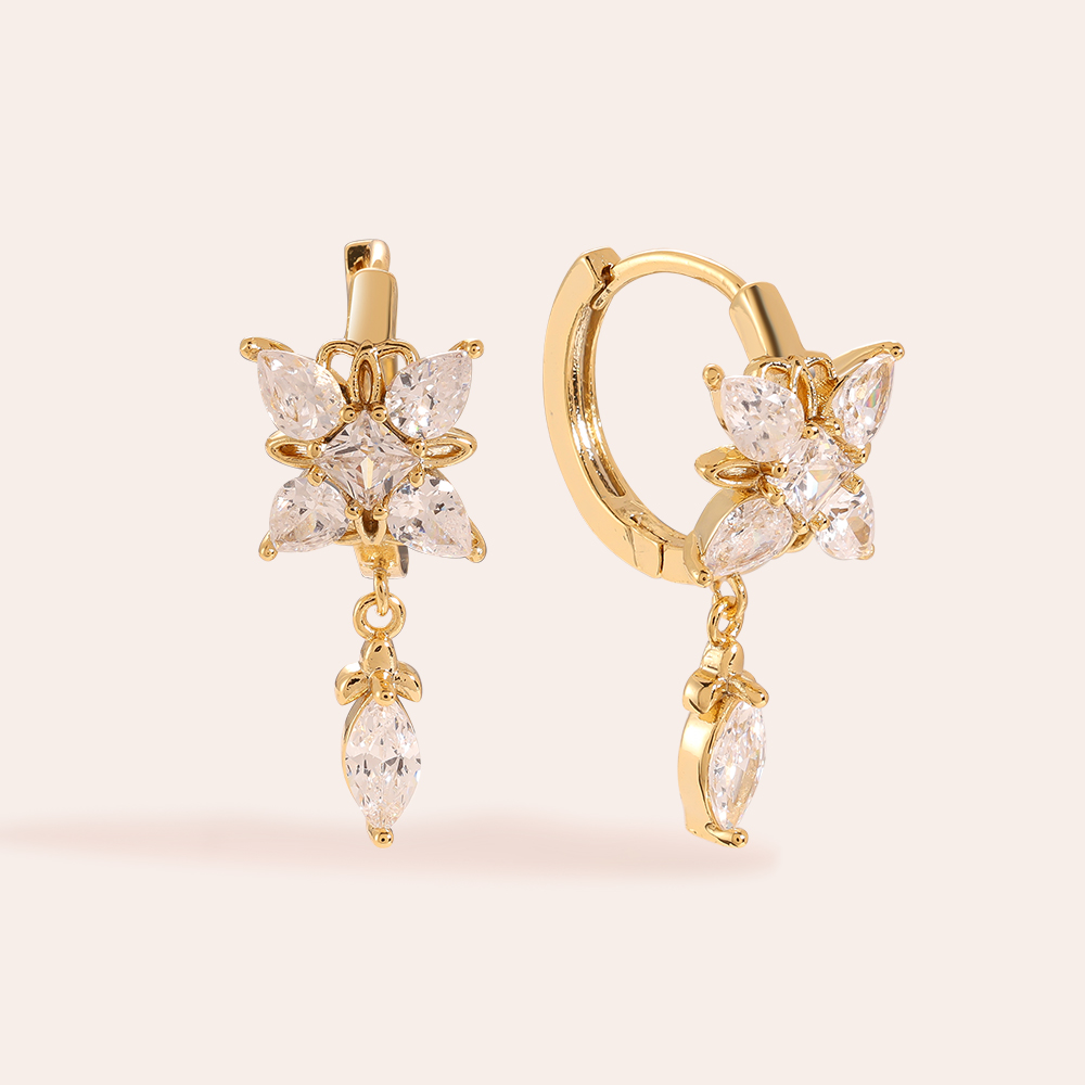 Sparkling Diamond Flower With Drop Eye Boucles d'oreilles plaquées or  