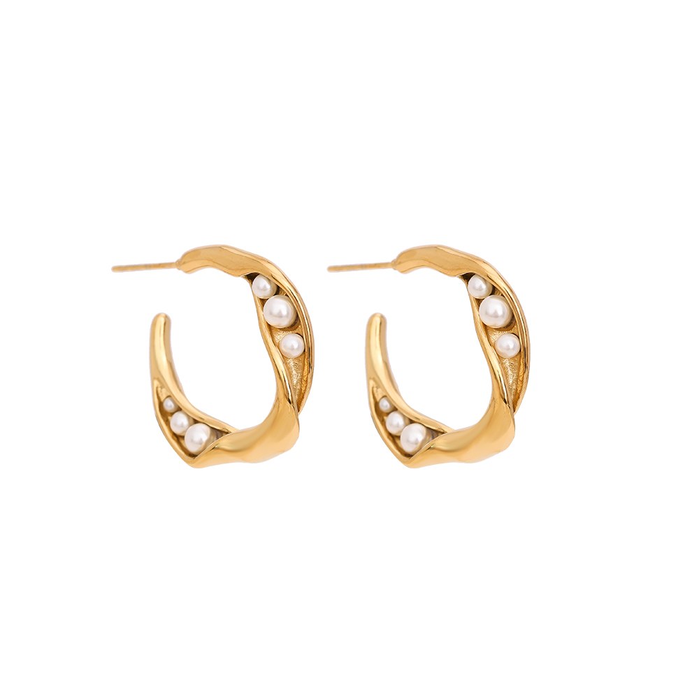 Twist Gold Moon With Pearl Stainless Steel Earrings    