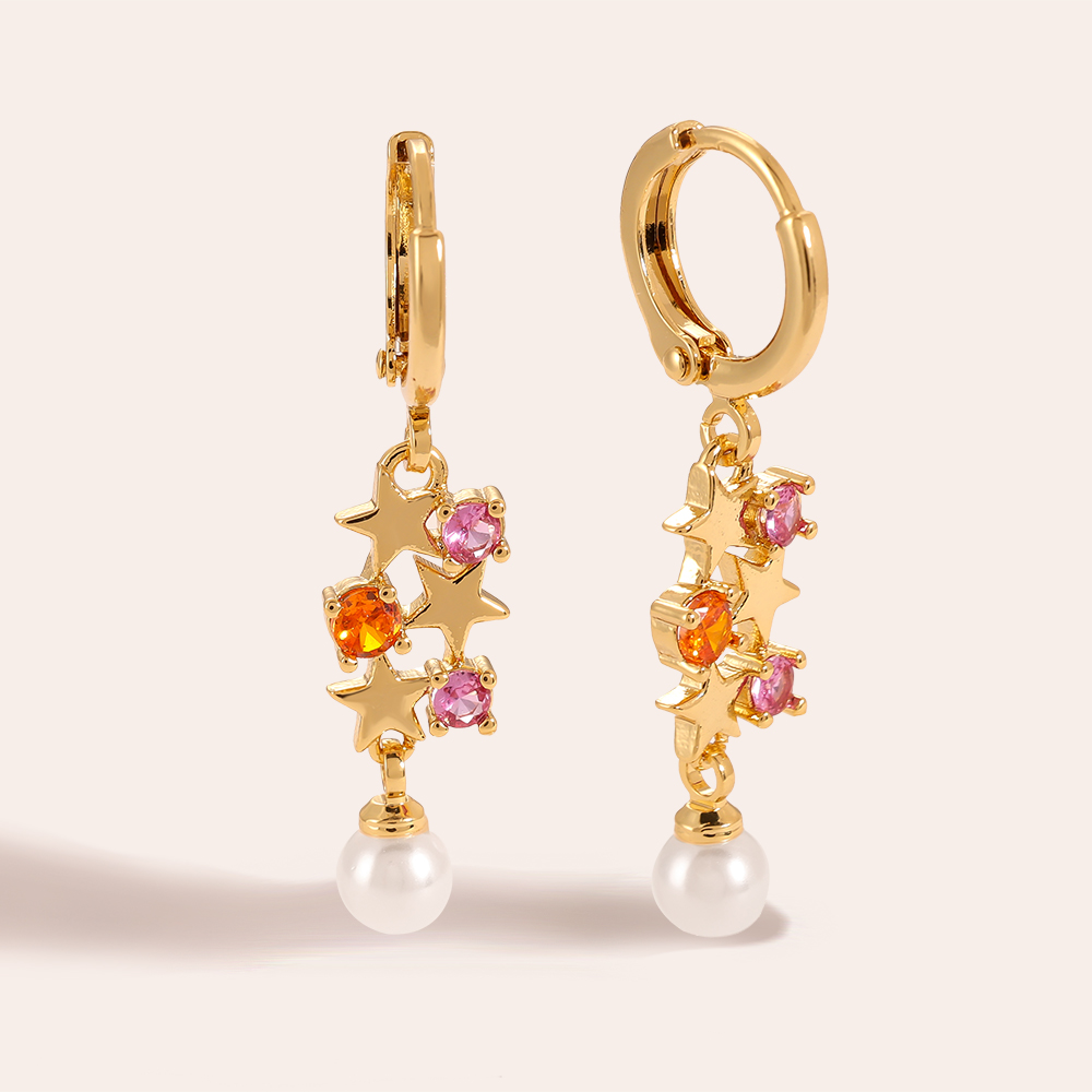 Stars With Diamonds And Pearl Gold Plated Earrings