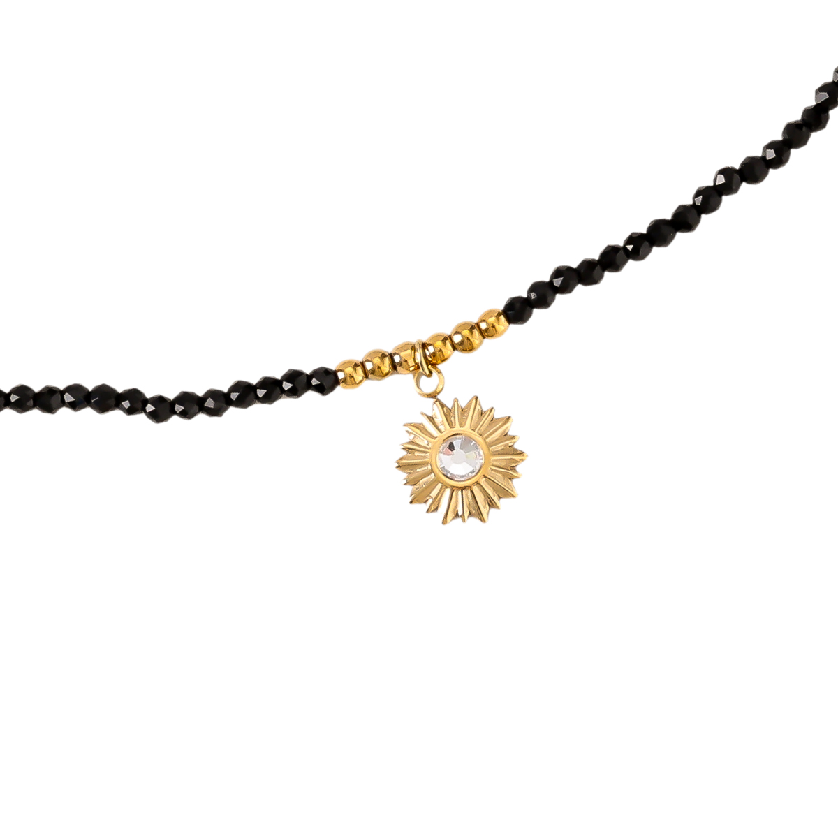 33cm Flower With Diamond In Black Natural Stone Chain Stainless Steel Choker 