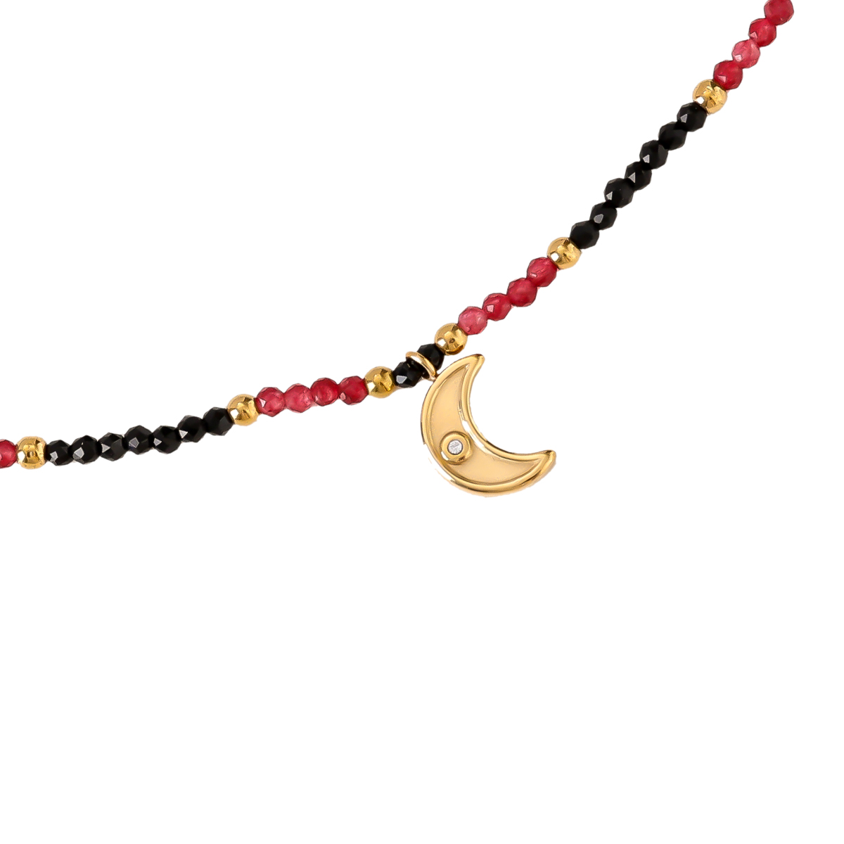 33cm Moon With Diamond In Multi Colour Natural Stone Chain Stainless Steel Choker  