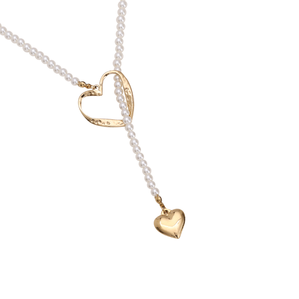 65cm Uneven Heart With Small Heart Pendant Pearly Chain Stainless Steel Necklace    