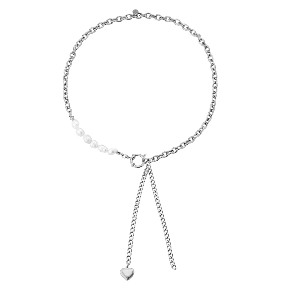 55cm Pearl And Heavy Oval Chain With Heart Deco Stainless Steel Necklace      