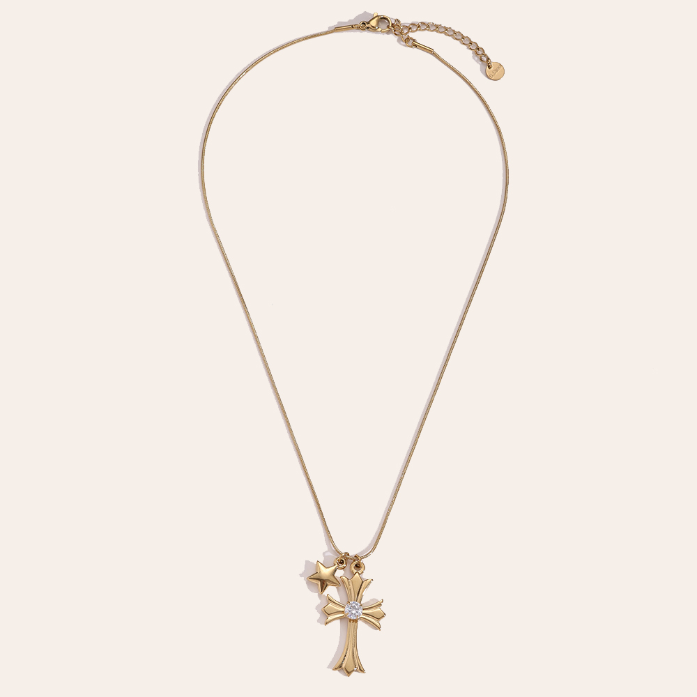 39cm Cross And Star With Diamond Stainless Steel Necklace    