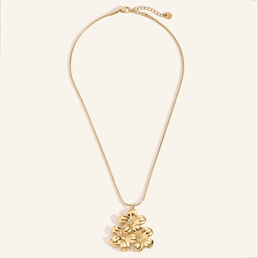 38cm 3 Golden Flowers In Round Snake Chain Stainless Steel Necklace      