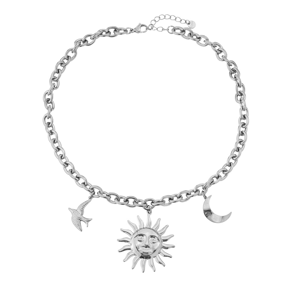 45cm Sun Moon And Dove With Dick Oval Chain Stainless Steel Necklace     